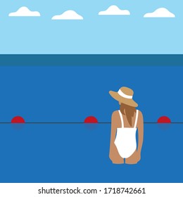 Female character in a swimsuit and hat looks into the distance behind the buoys