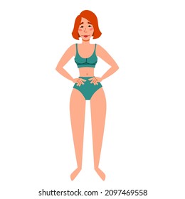 A female character in a swimsuit. A thin European girl in full growth.
