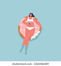 Female Character In Swimwear With Cocktail In Hand Enjoying Summertime Vacation Floating On Inflatable Ring