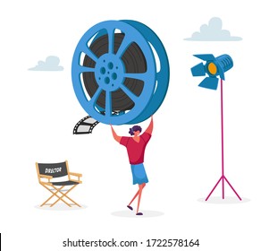 Female Character Take Part in Movie Making Process. Staff with Professional Equipment for Recording Film. Woman Carry Huge Reel Film Bobbin. Cinematograph Industry, Cinema. Cartoon Vector Illustration