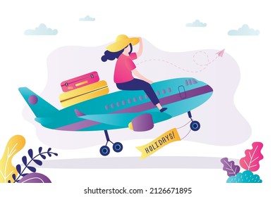 Female character takes off on an airplane journey. Woman holding beach hat takes off on plane into sky. Promotion banner. Traveling to warm country by aircraft. Time to travel. Vector illustration