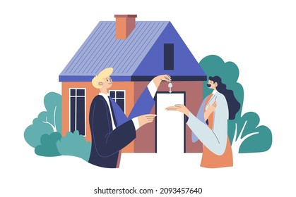 Female character taking key for new house, buying real estate property. Realtor or landlord, owner of apartment giving to client for rent. Purchase from broker, relocating. Vector in flat style