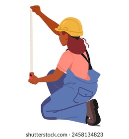 Personaje Femenino Tomando Medidas O Inspecciones Usando Una Herramienta, Preparándose Para Trabajos De Construcción O Renovación. Trabajadora De La Construcción Agachada, Con Un Sombrero Duro Amarillo Y Un Mono Azul