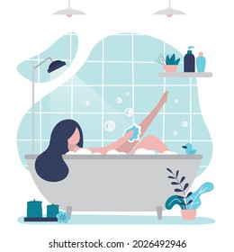 Female character taking relaxing bath. Cute woman rubs leg with washcloth. Girl lies in bubble bath. Spa treatments and body care. Daily routine. Design interior bathroom. Flat vector illustration