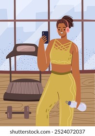 Personaje femenino tomando selfie en el espejo en el gimnasio. Mujer posando después de ejercicios en una cinta de correr o levantando pesas. Culturismo y llevar un estilo de vida saludable. Ilustración vectorial en estilo plano de dibujos animados