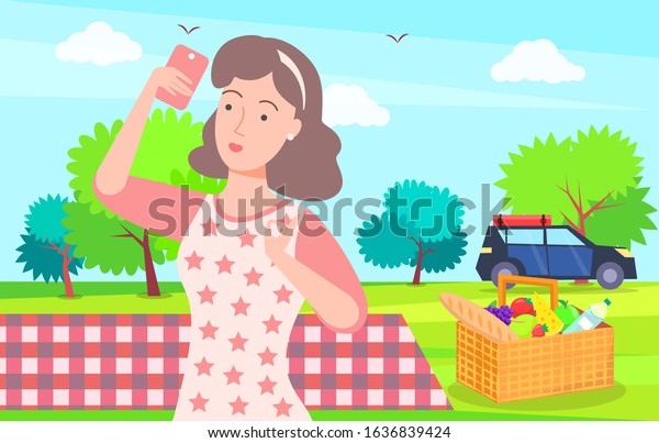Female character taking selfie\
vector, woman on picnic. Nature with trees and fresh air, car with\
yoga mat, blanket and basket with fruits and food, meal\
dishes