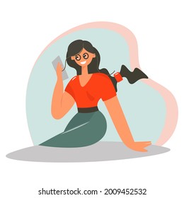 The female character is talking on a cell phone. A sweet girl with dark hair received good news on the phone and smiles happily. Cartoon vector isolated illustration. Modern flat style.