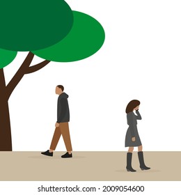 Female character talking on the phone and male character walking in different directions outdoors