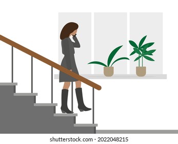 Female character talking on the phone and going down the stairs against the background of a wall with a window and plants