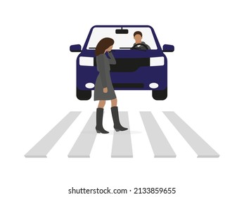 A female character talking on the phone walks on a crosswalk in front of a car with a driver