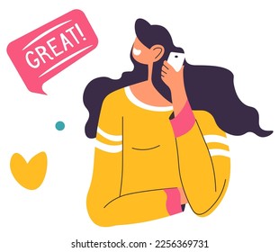 Female character talking on phone communication on positive note. Isolated woman with cell, great sticker with approval or recommendation. Compliment or guarantee from client. Vector in flat style