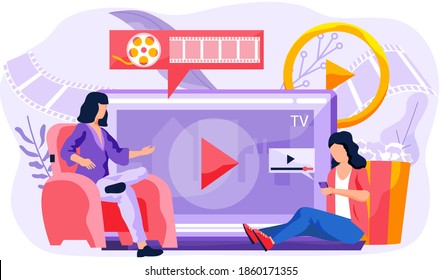 Female character talks about a movie near the monitor with video player. Businesswoman is pressing play button. A girl sits in a red armchair and asks questions. Women are watching a movie
