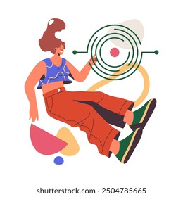 Female character tapping on screen of device or gadget, flat cartoon vector illustration. Isolated woman with futuristic screen and button, communication or work project completion