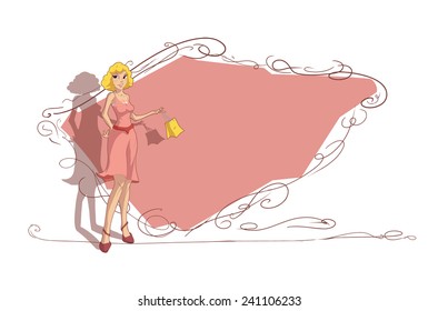 Female character with a text frame on the background.
