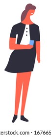 Female character texting and chatting via mobile phone. Isolated woman personage using smartphone, blogger updating blog, posting new articles. Teenager with cell gadget, vector in flat style