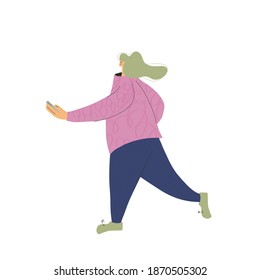 Female character texting a message on her phone. Young person chatting with her smartphone. Woman reading news on internet isolated on white background. Vector flat illustration.