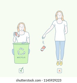 A Female Character That Tells You The Correct Behavior To Recycle. Hand Drawn Style Vector Design Illustrations.