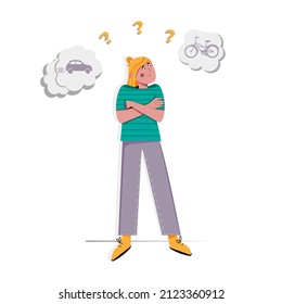 Female character thinking and making a decision with arms folded across chest. Making multiple choices concept. Flat vector illustration