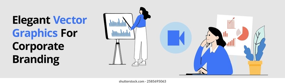 Female character thinking, video icon, person analyzing data on screen with graphs and documents. Best for branding, marketing, business, design systems, creativity, education flat landing page