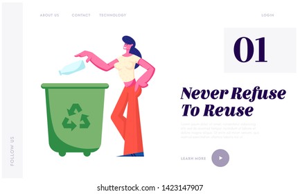 Female Character Throwing Trash into Litter Bin Container with Recycling Sign. Ecology Protection, Earth Pollution Problem, Website Landing Page, Web Page Cartoon Flat Vector Illustration, Banner