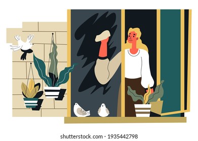 Female Character Tidying Up Home, Woman With Wipe And Detergent Cleaning Window Glass. Care For House And Chores Of Lady. Household Tasks And Housekeeping, Sanitary And Hygiene. Vector In Flat Style