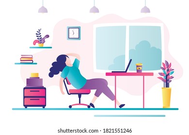 Female character tired at work. Unhappy business woman sits at workplace. Depressed mood, professional burnout and big emotional stress. Concept of overworking and deadline. Flat vector illustration