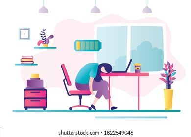 Female character tired at work. Unhappy business woman sits at workplace. Depressed mood, professional burnout and big emotional stress. Overworking and deadline, low battery. Flat vector illustration