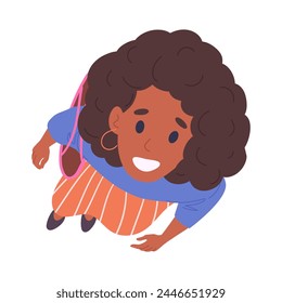 Female character top view look up. Woman looking upwards, girl view from above amazed something in sky flat vector illustration. Lady staring up