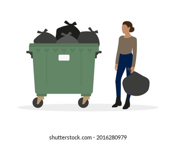 Female character with trash bag in hand stands near full trash can on white background