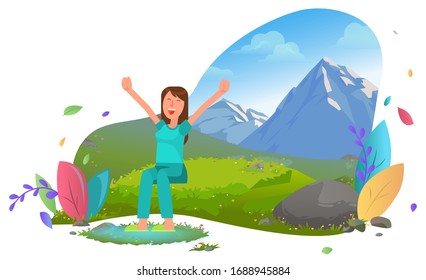 Female character traveling to mountains vector, awake person morning on nature with hills, meadows and grass lawns. Foliage blue clear sky and clouds