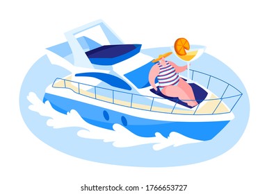 Female Character Traveling on Luxury Yacht at Sea on Summertime, Happy Woman Drinking Cocktails Lying on Ship Deck, Take Sun Bathing. Summer Vacation Cruise, Aquatic Tour. Cartoon Vector Illustration