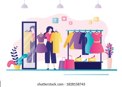 Female character try on dresses in fashion store. Different clothes hanging on hanger. Woman chooses between two dresses. Clothing shop interior. Buyer shopping in massmarket. Flat vector illustration