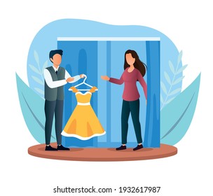 Female character trying on new dress in store fitting room. Male assistant helps girl to find dress for her evening appearance. Stylist assisting in fitting room. Flat cartoon vector illustration