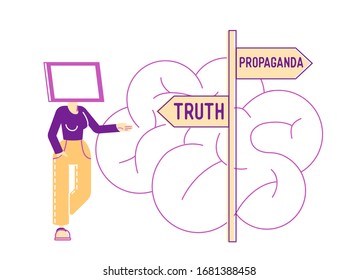 Female Character with Tv Screen instead of Head Stand on Roadsign with Truth and Propaganda Pointers front of Huge Human Brain. Brainwashing Mass Media Manipulation Concept. Linear Vector Illustration