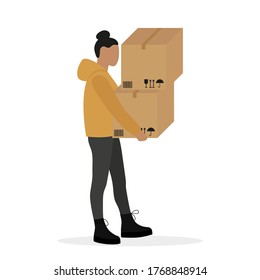 Female character with two large cardboard boxes in hands on a white background