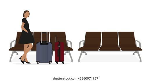 A female character with two suitcases stands near the armchairs on a white background