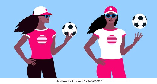 Female character, two variants, side and front views. African girl holding soccer ball, wearing sportswear, baseball cap and sunglasses. Fitness coach, instructor or football fan. Vector illustration