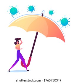 Female Character Under Huge Umbrella Protecting from Attacking Coronavirus Cells. Covid19 Insurance Concept. Woman Protect Health of Disease, Covering Head with Policy. Cartoon Vector Illustration