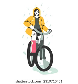 Female character under the rain. Rainy and cloudy weather in summer or spring. Girl in a raincoat, riding bicycle outdoor. Flat vector illustration