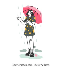 Female character under the rain. Rainy and cloudy weather in summer or spring. Gir walking outdoor with an umbrella. Flat vector illustration