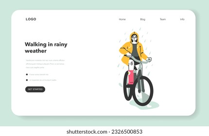 Female character under the rain web banner or landing page. Rainy and cloudy weather in summer or spring. Girl in a raincoat, riding bicycle outdoor. Flat vector illustration