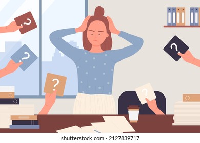 Female character under stress from difficult tasks, looking for answer vector illustration. Cartoon young woman sitting at office desk in doubt, confused lady with many hands holding question marks