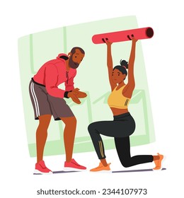 Female Character Undergoing Personalized Training With Personal Coach. Woman Improving Technique And Motivation during Tailored Workouts. Guidance in Sport Concept. Cartoon People Vector Illustration