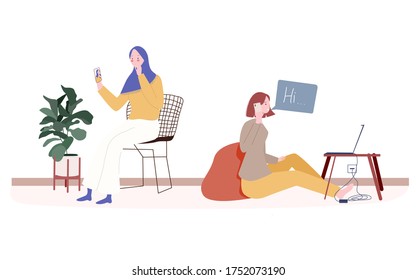 Female character use free time by selfie and phone calls with smartphones modern flat design vector illustration.