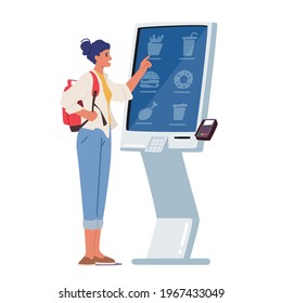 Female Character Use Self Ordering Food Service In Restaurant Or Fastfood Cafe. Woman Choose Meals On Digital Interactive Device Screen To Make Order, Modern Technologies. Cartoon Vector Illustration