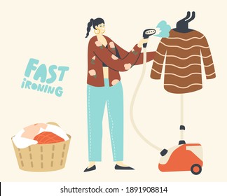 Female Character Use Steamer Iron for Clothing Cleaning Stand in Living Room. Household Activity, Home Chores and Routine. Domestic Appliance for Steaming Dry Dress Care. Linear Vector Illustration