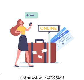 Female Character Use Travel Application Technology Woman Traveler Use Mobile Phone App to Search Flight, Buy Tickets, Book Hotel Accommodation or Airplane Company for Trip. Cartoon Vector Illustration