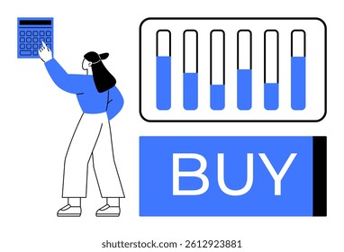 Female character uses a calculator in front of a financial bar graph and large BUY button. Ideal for finance, investment, online shopping, decision making, economics, budgeting, and marketing