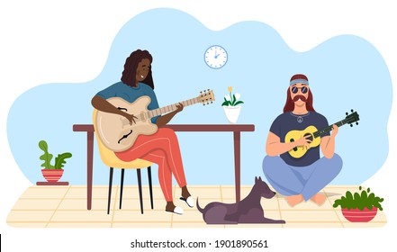 Female character uses guitar. Male bard with ukulele. Musicians are playing strings on instrument. Guitarist making melody. People creates music. Man sings with woman in duet vector illustration