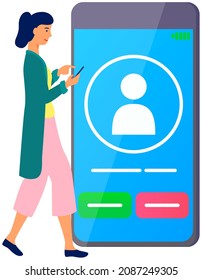 Female character uses smartphone to call chatting in messenger. Application for virtual communication in smartphone. Girl selects contact in mobile app. Messenger interface with call icons on screen